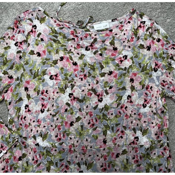J Jill Love Linen 100% Linen Blouse Pink Green Watercolor Floral Shirt Sz Small - Picture 9 of 14